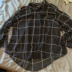 EUC Lane Bryant black and white sheer plaid long sleeve button down blouse